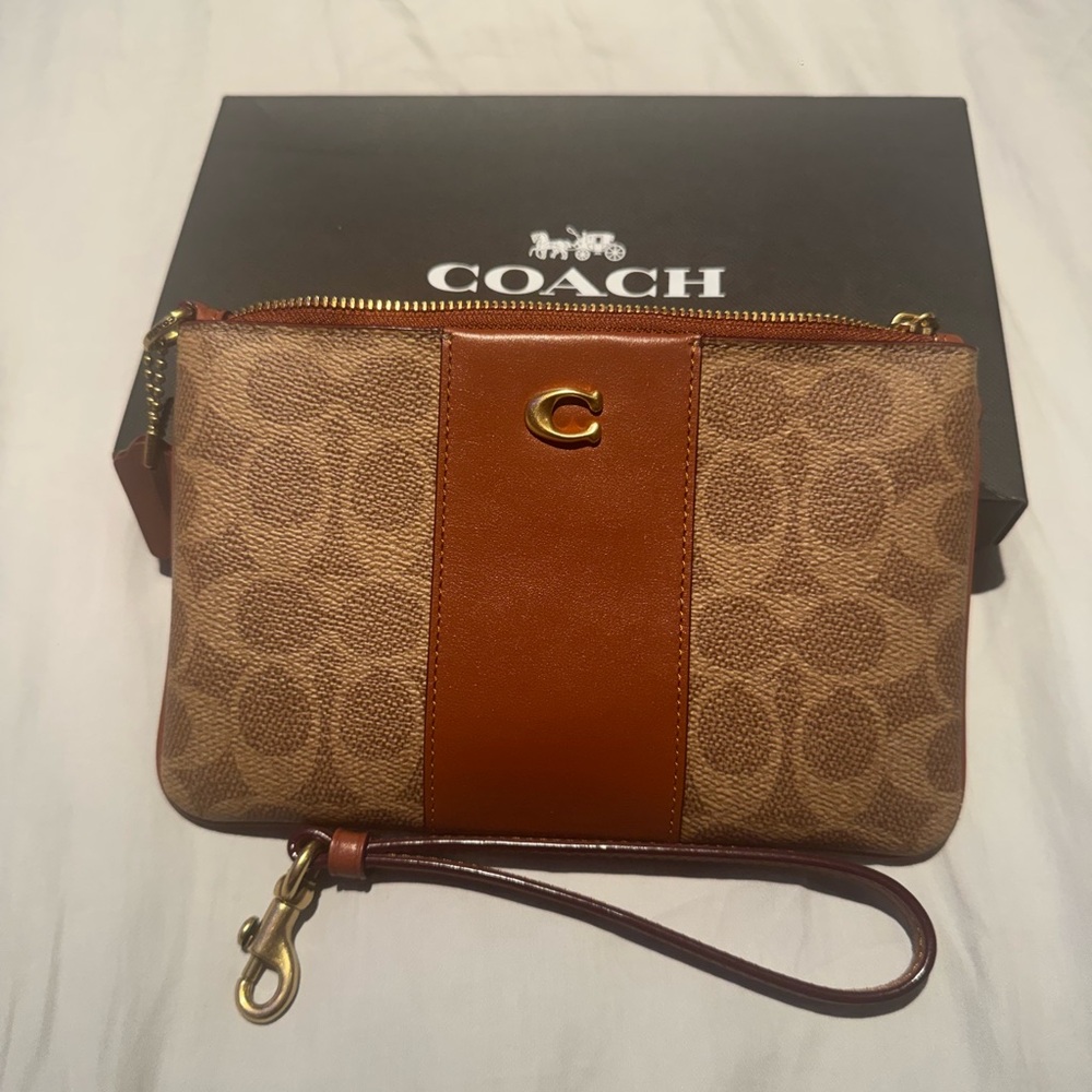 Coach Signature Brown and Tan Wristlet